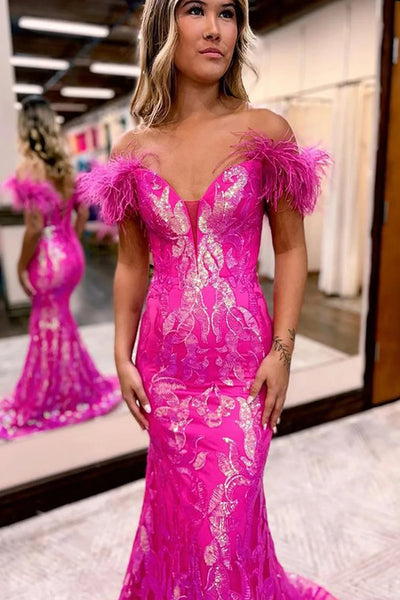 Mermaid Off the Shoulder Fuchsia Long Prom Dress with Feathers VL011232