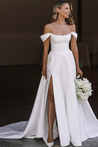 Fairy A Line Scoop Neck Satin Wedding Dress with Slit VLWD011107